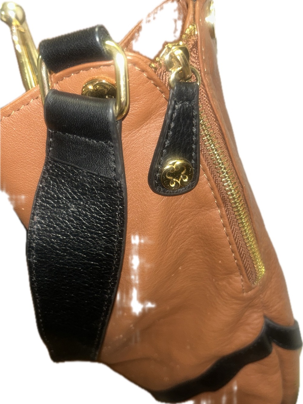 Emma Fox Large Cognac Pebbled Leather Hobo Shoulder Bag Black Trim Gold Hardware - Picture 8 of 13